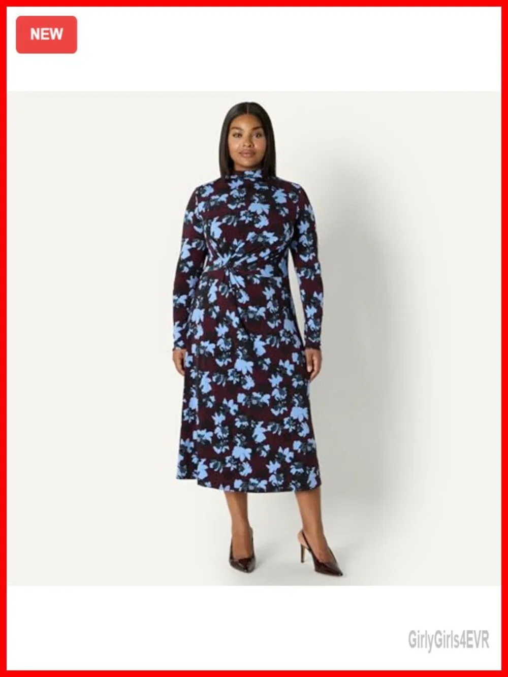 Women's Fit and Flare Long Sleeve Maxi Dress Stretch Jersey Mock Neck